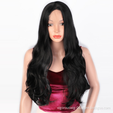 Vigorous New Fashion Cheap For Women Long Black Water Wave Fiber Heat Resistant Afro Curly Synthetic Lace Front Wig